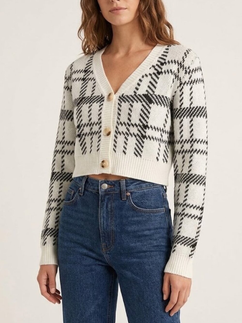 Plaid Cropped Cardigan Sweater Black White Grid Knit Button Up Size M